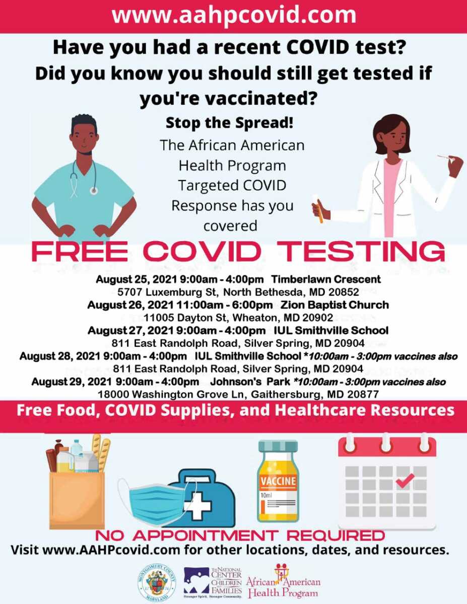 FREE COVID-19 Tests + Vaccines in Montgomery County, MD - Wednesday 8/24 -  Sunday 8/29 Sponsored by FitFathers - The MoCo Show
