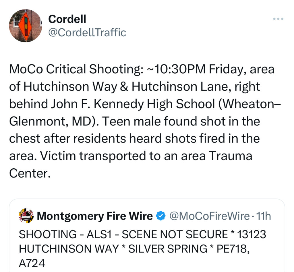 One Person Hospitalized After Shooting Friday Night - The MoCo Show