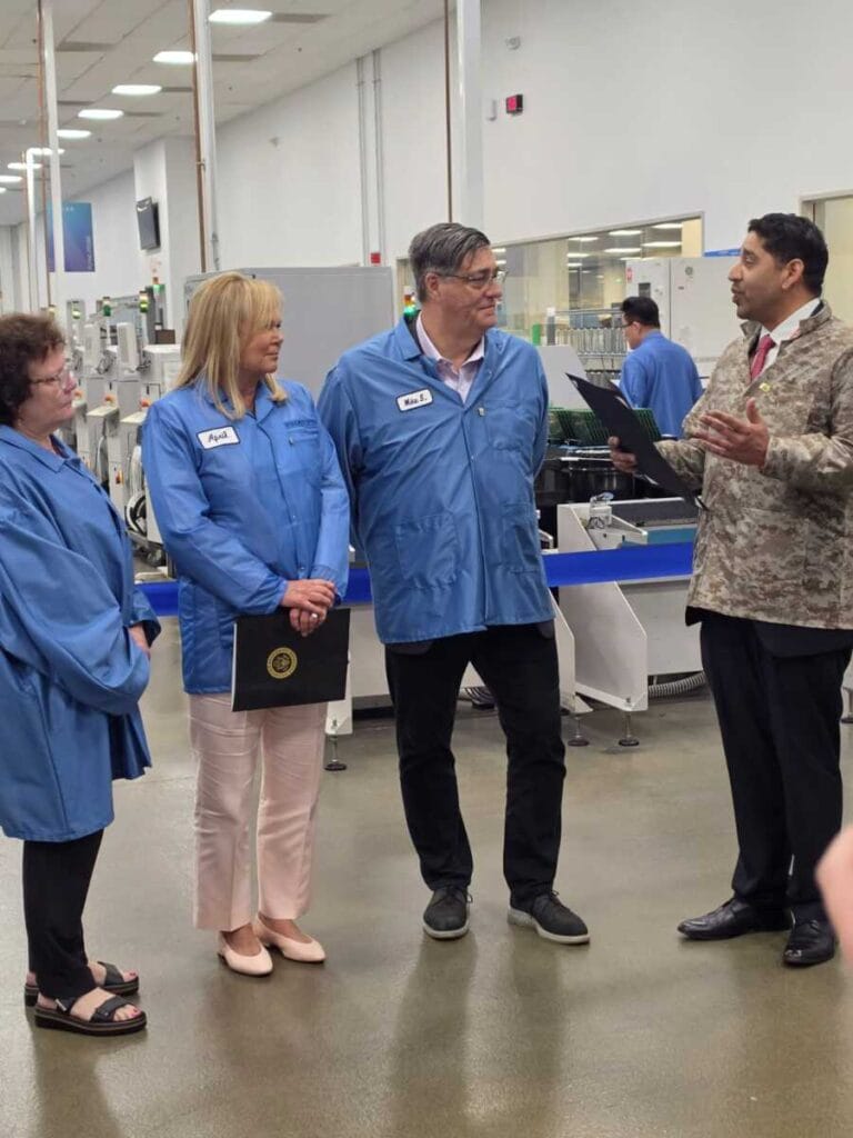 From left to right: Judy Costello, Director of Economic Development Special Projects for the Montgomery County Government; Congresswoman April McClain Delaney; Thales DSI CEO Mike Sheehan; and Maryland Department of Commerce Assistant Secretary Mayank Kapur during a tour of Thales DSI’s manufacturing facility in Clarksburg, Maryland. Photo courtesy of Thales DSI.